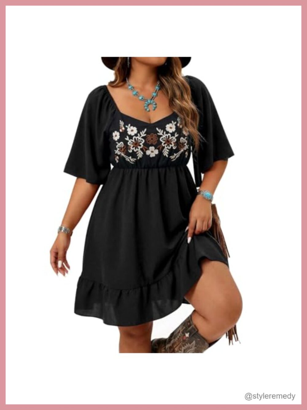 Western Boho Embroidered Flowy A-Line Dress Cowgirl Country Concert